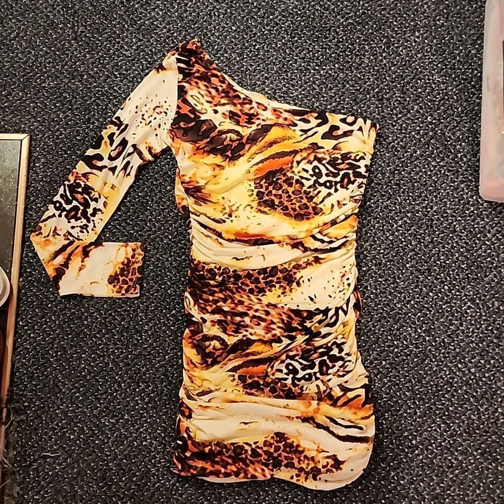 Sexy Animal Print Mini Dress Off The Shoulder 1 Sleeve 🔥